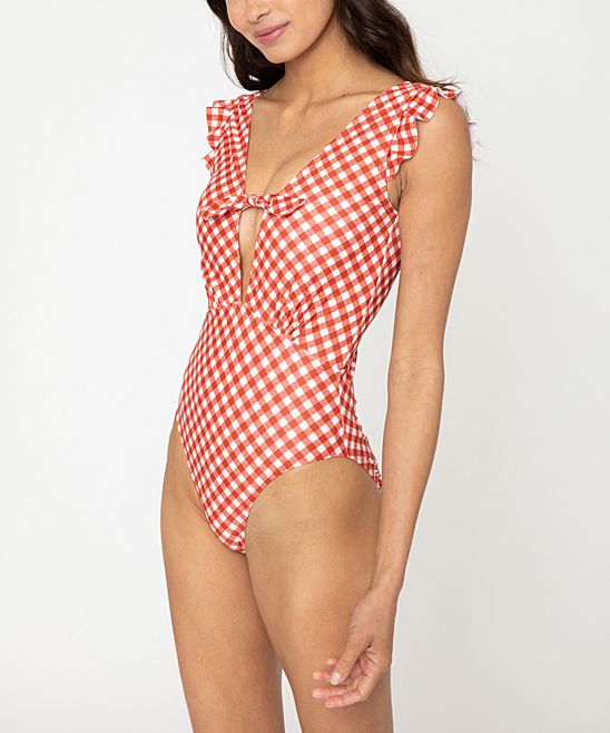 Marina West Women's One Piece Swimsuits Gingham - Brick Red Gingham Ruffle Tie-Accent Deep-V One-Pie | Zulily