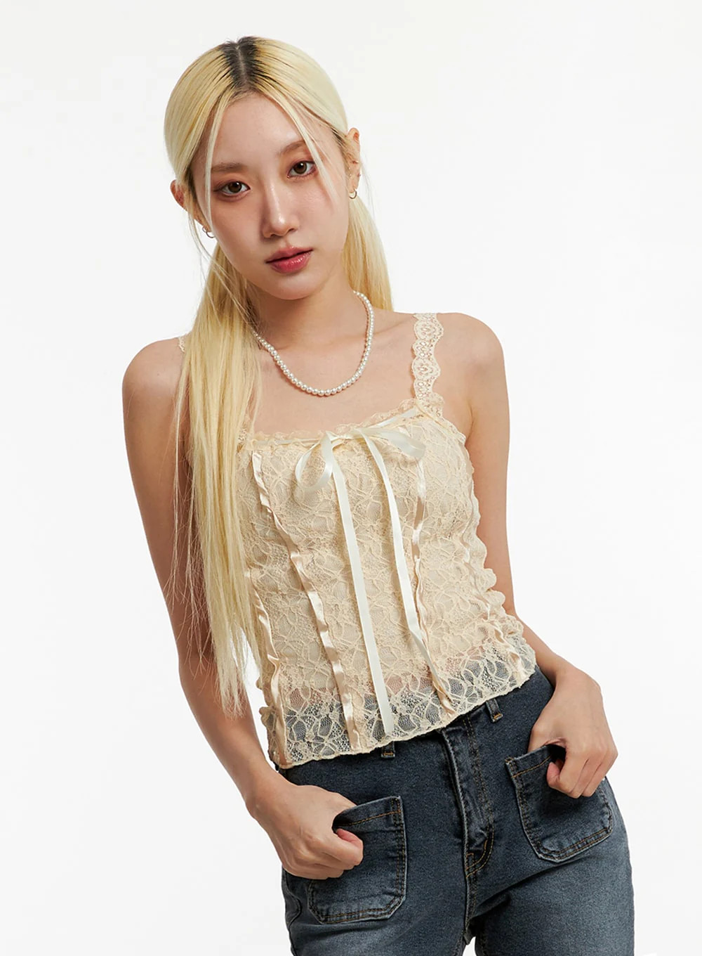 Ribbon Lace Crop Sleeveless Top ID315Light beige / S/M | Lewkin