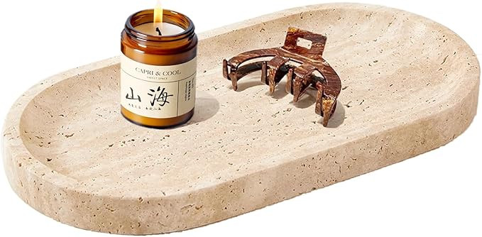Natural Oval Beige Marble Tray 11.8 x 5.9inches, Travertine Stone Tray Bathroom Vanity Tray Catch... | Amazon (US)