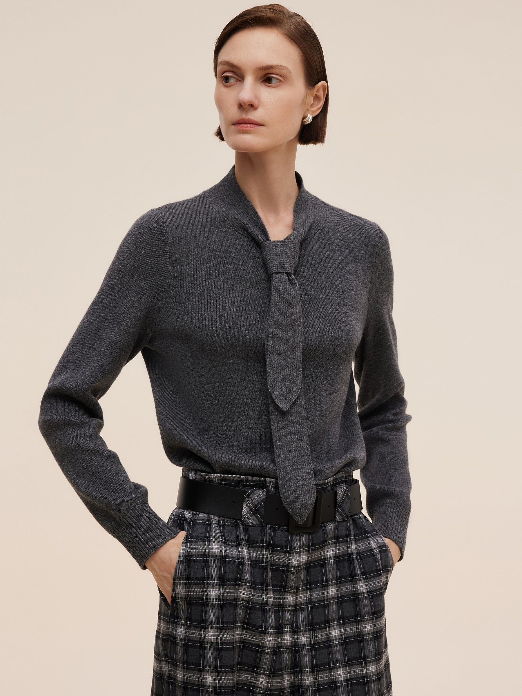 [Preview] Haut en tricot pour femmes avec nœud à l'avant en mélange de laine | GOELIA