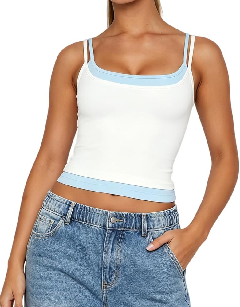 Women Double Layered Tank Tops Spaghetti Strap Yoga Workout Tops Camis Casual Going Out Cropped T... | Amazon (US)