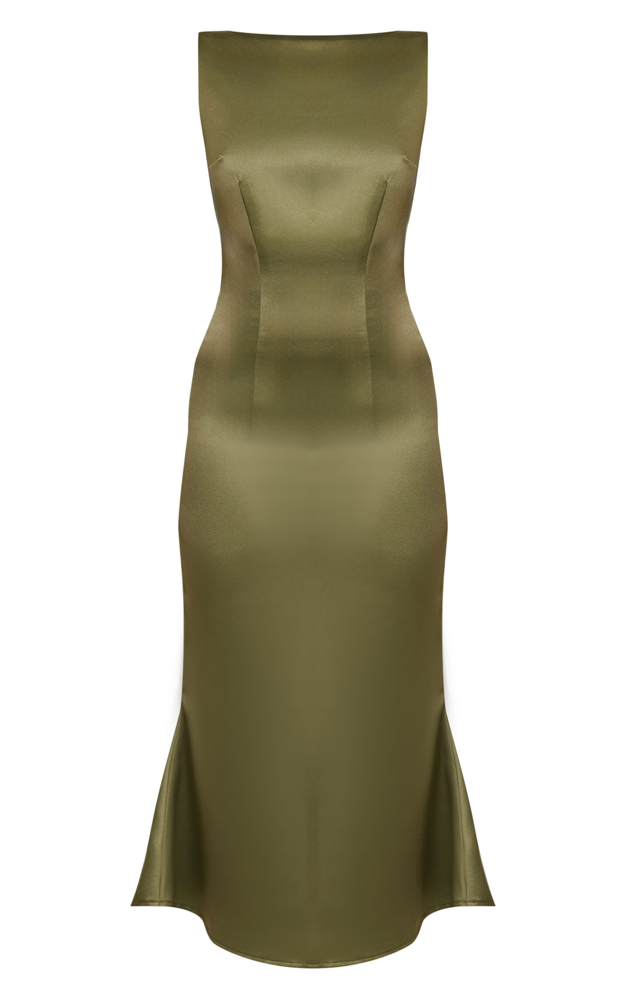 Olive Satin Boat Neck Fishtail Midaxi Dress | PrettyLittleThing US