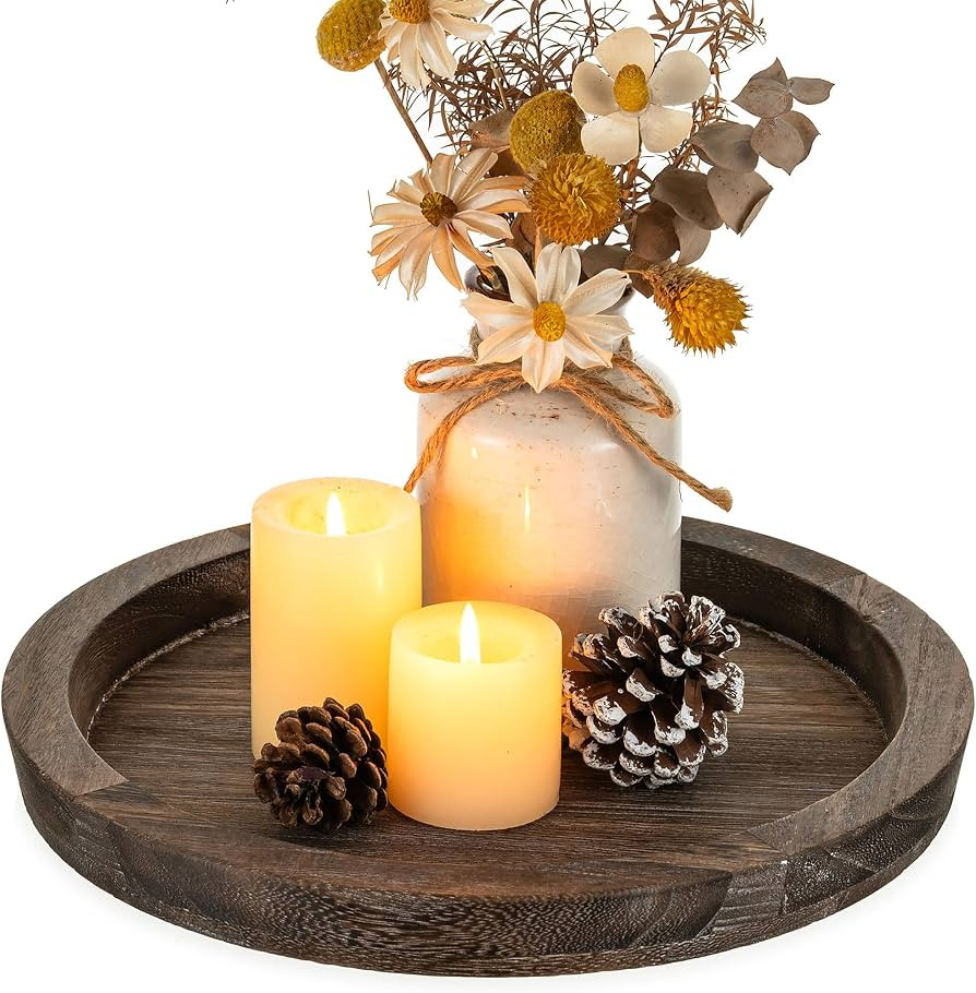 Hanobe Wooden Tray for Coffee Table: Candle Holder Plate Round Decorative Serving Tray - Vintage ... | Amazon (US)