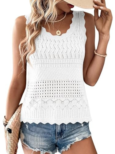 Cicy Bell Womens Summer Crochet Tank Tops Casual Trendy Knit Sweater Vest Sleeveless Hollow Out Boho Beach Tops White | Amazon (US)