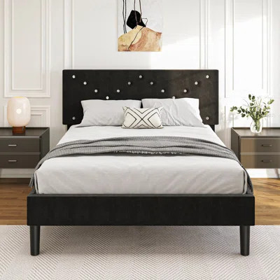 Modern Platform Bed Frame With Upholstered Headboard & Wooden Slats - No Box Spring Needed, Easy Assembly, Black | Wayfair North America