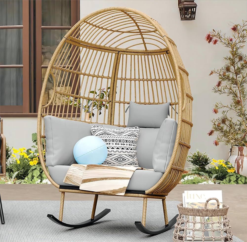YITAHOME Outdoor Wicker Rocking Egg Chair, Patio Rocking Basket Chair with 370lbs Capacity, All-W... | Amazon (US)