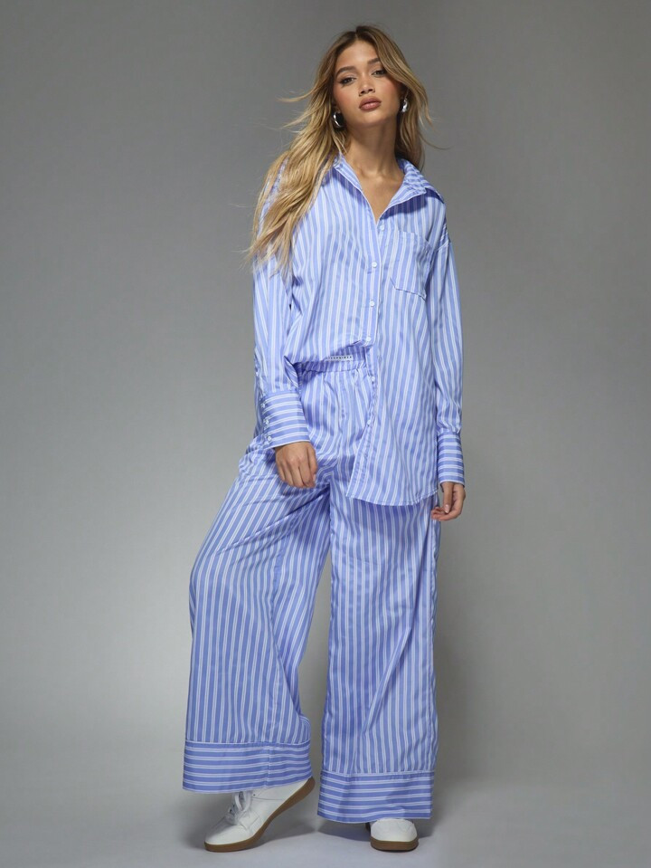 MISSGUIDED Striped Long Shirt And Wide Leg Pajama Pants Two Piece Co-Ord Set | SHEIN