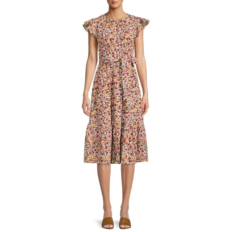 Time and Tru Women's Printed Midi Dress with Flutter Sleeves | Walmart (US)