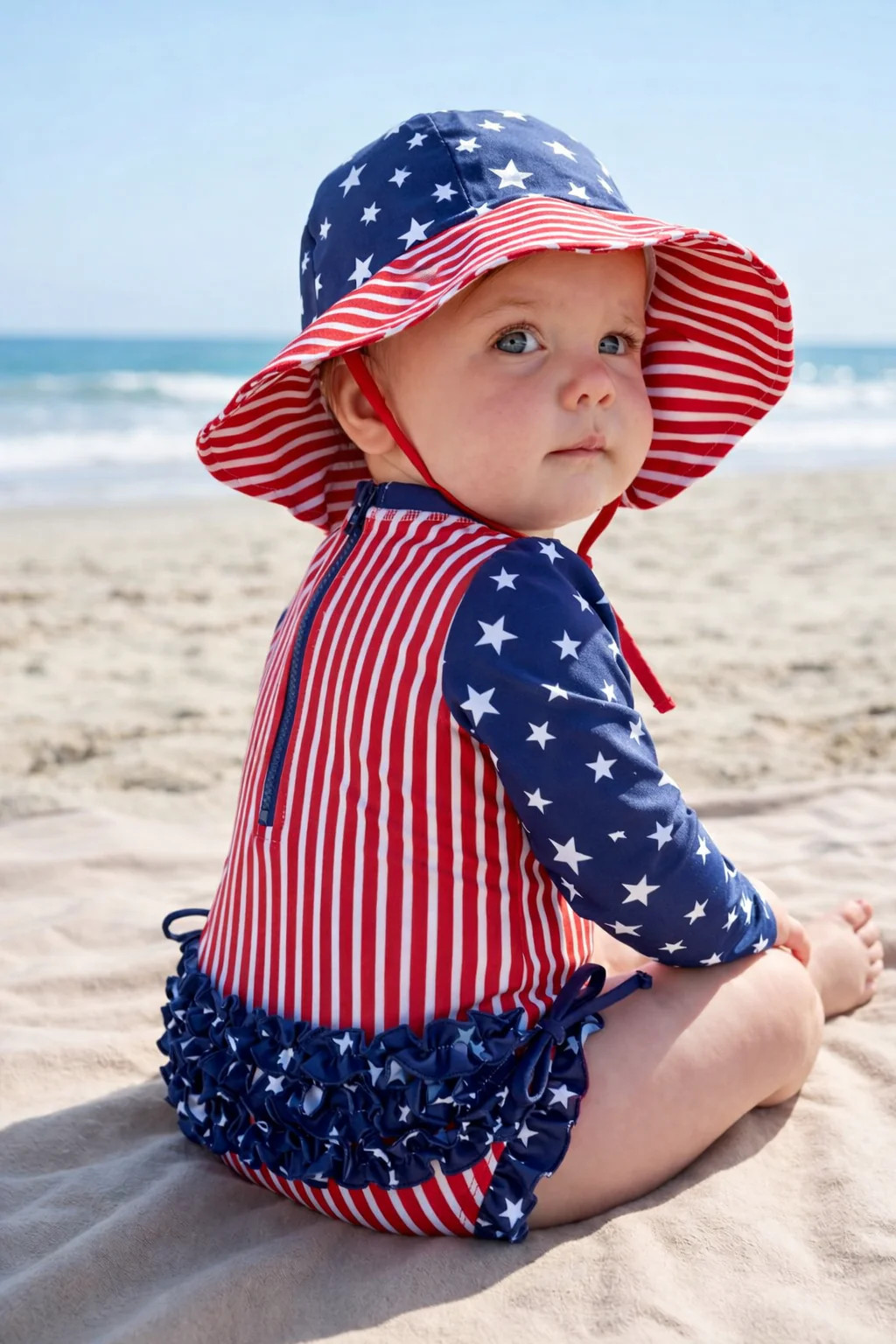 Long Sleeve Rash Guard With Ruffle Bottom | Stars & Stripes Party | Caden Lane