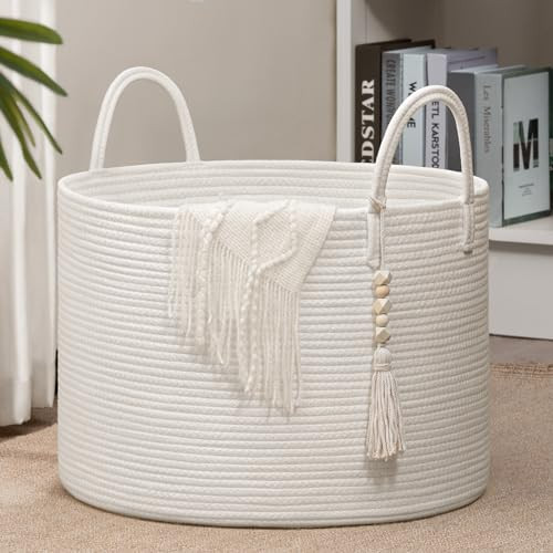 Goodpick Large Laundry Basket Decorative White Basket for Blankets, Baby Storage Basket for Nursery, Living Room, Bedroom, Big Rope Hamper 17.7 x 12.6 Inches, White | Amazon (US)