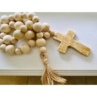 Wood Bead Garland With Clay Cross/Farmhouse Style Decor/Handmade Tassel /Prayer Beads/Easter Gift/Ho | Etsy (US)