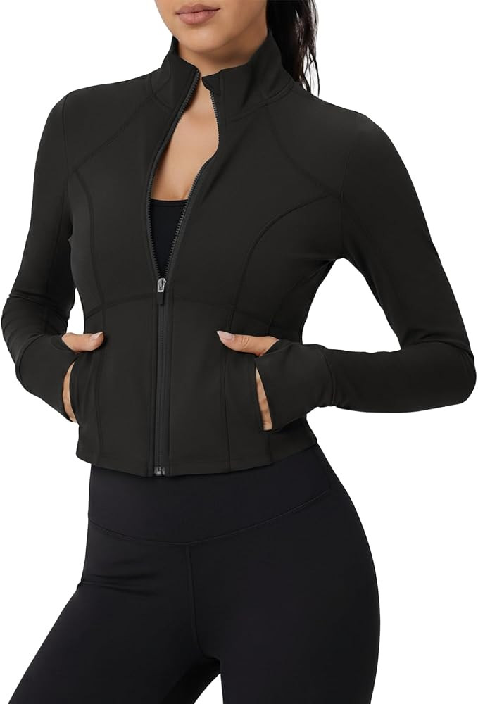 Womens Cropped Workout Jackets Full Zip Up Slim Fit Lightweight Athletic Tops with Thumb Holes Pockets | Amazon (US)