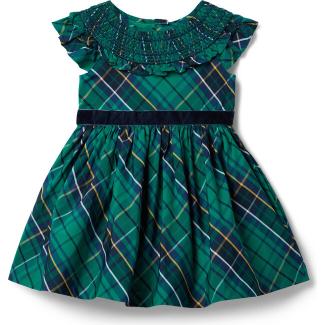 Janie and Jack | The Tartan Smocked Wound Neck Short Ruffle Sleeve Skater Dress, (Green & Blue, Size 5) | Maisonette | Maisonette