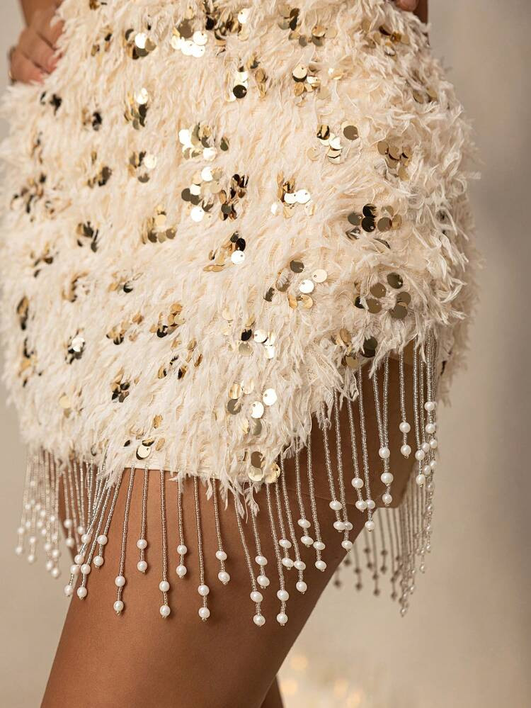 Vowa Elegant Apricot Long Faux Fur Sequin Bustier Bodycon Mini Dress With Fringe Sash, Suitable For Dates, Vacations, Parties, Weddings, Graduations, Afternoon Tea | SHEIN