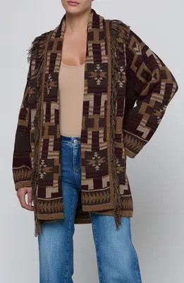 L'AGENCE Jair Geo Pattern Fringe Cardigan in Natural Multi at Nordstrom, Size Large | Nordstrom