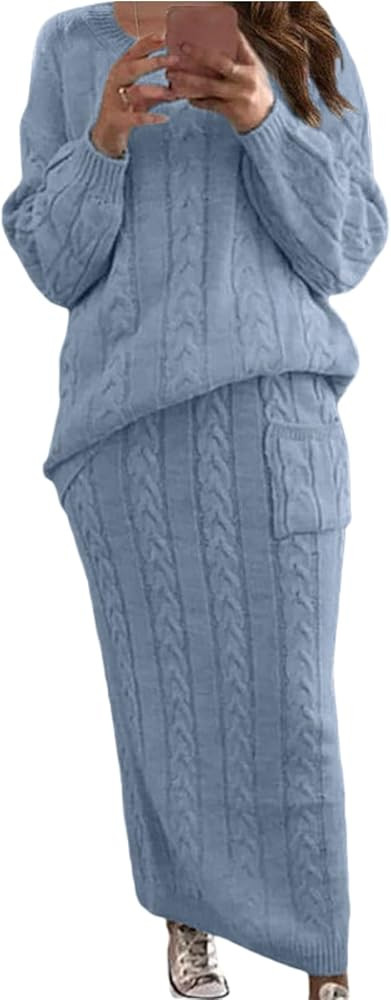 Women 2 Piece Sweater Skirt Sets Casual Long Sleeve Pullover Sweater Chunky Cable Knit Maxi Skirt... | Amazon (US)
