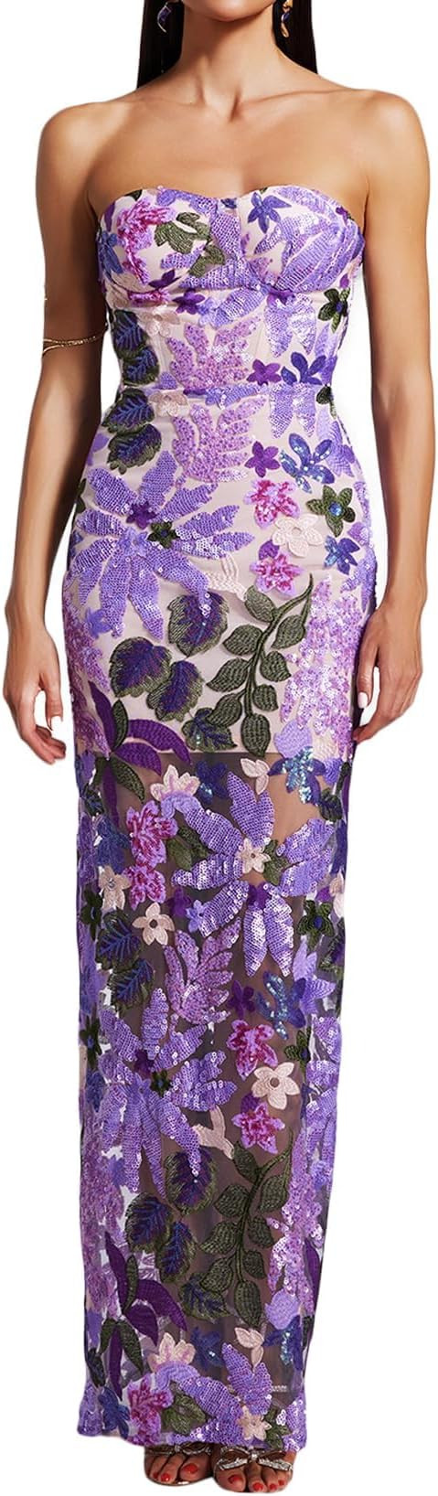 BELLA BARNETT Purple Printed Floral Romantic Tube Sleeveless Sequin Dress Charming Stunning Maxi ... | Amazon (US)