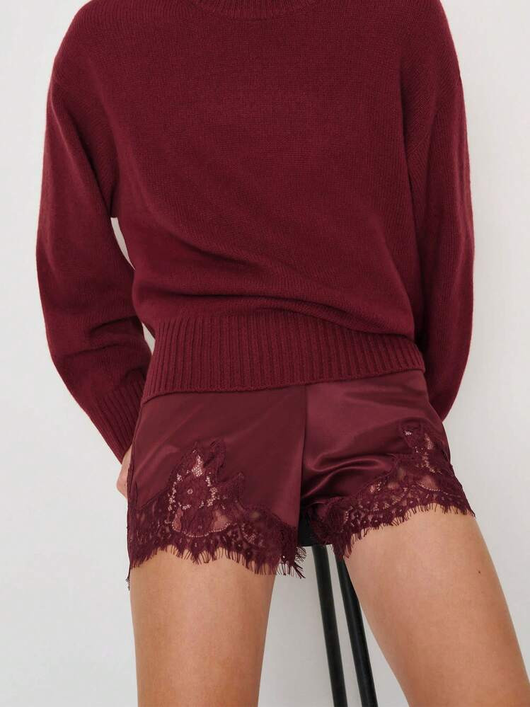 Women Lace Trim Satin Shorts Elastic Waist Lace Patchwork Silk French Knickers Coquette Pj Shorts... | SHEIN