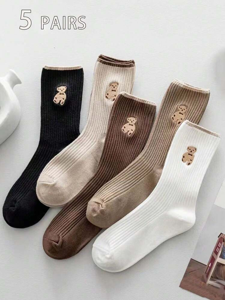 5pairs Women Simple Stylish Teddy Bear Pattern Crew Socks, Multi-Season Versatile | SHEIN