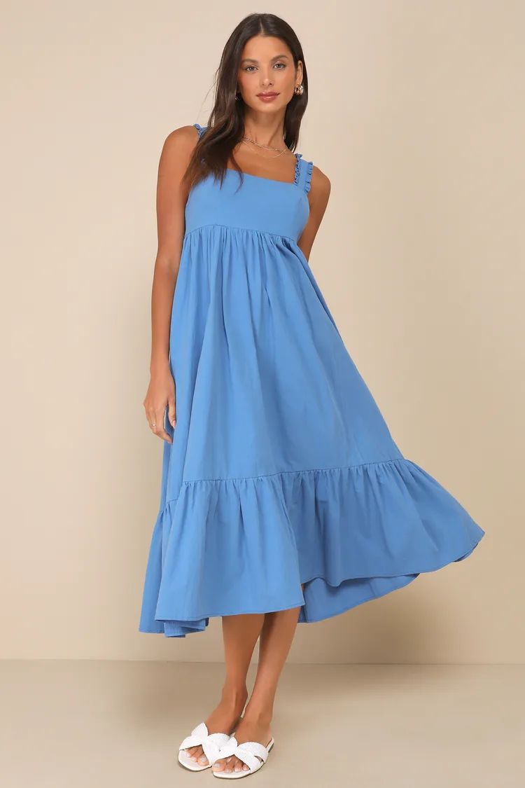 Sunny Day Crush Blue Ruffled Tiered Bow Back Midi Dress | Lulus