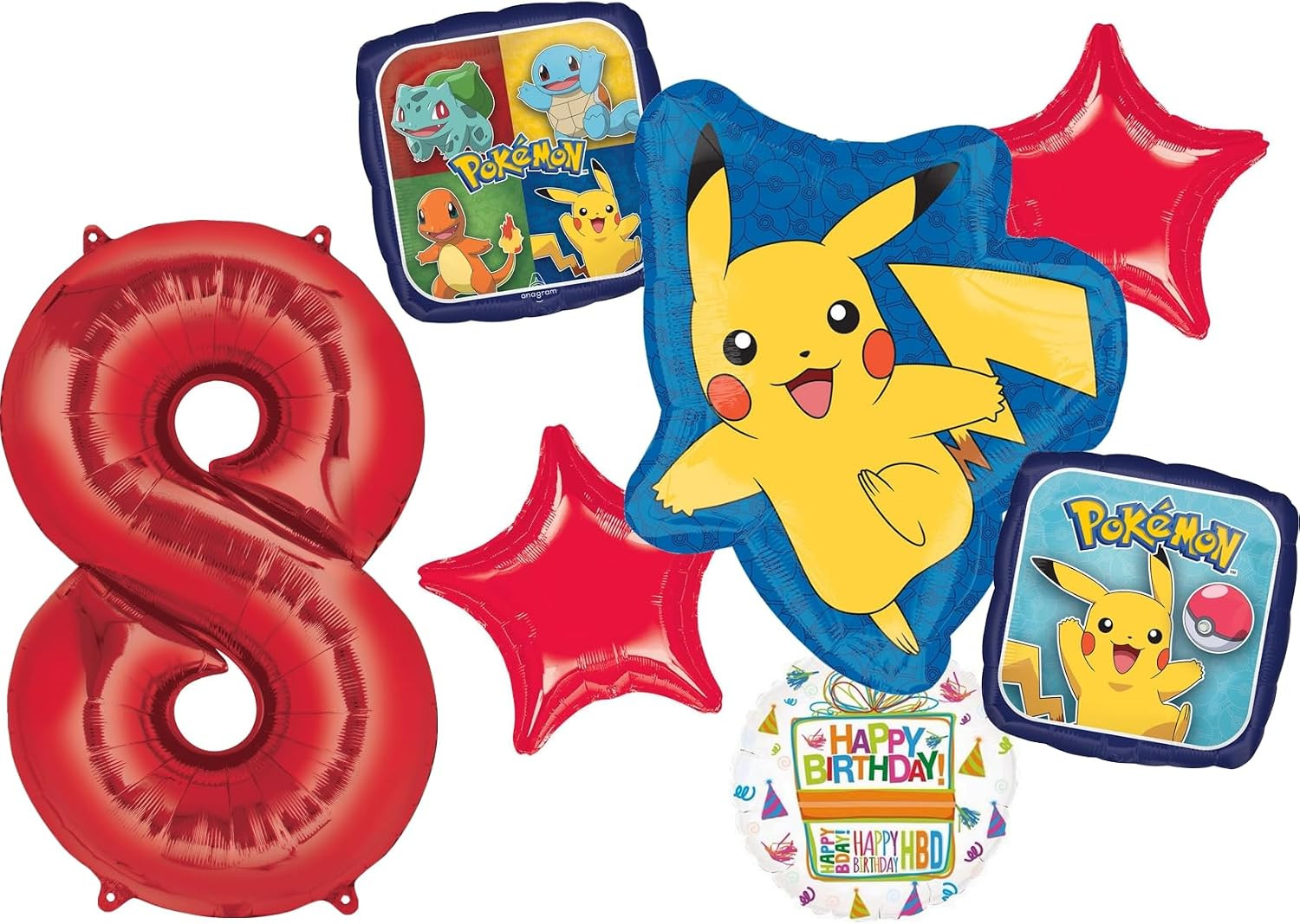 Pikachu 8th Birthday Party Supplies 7pc Foil Balloons Bouquet Decorations | Amazon (US)