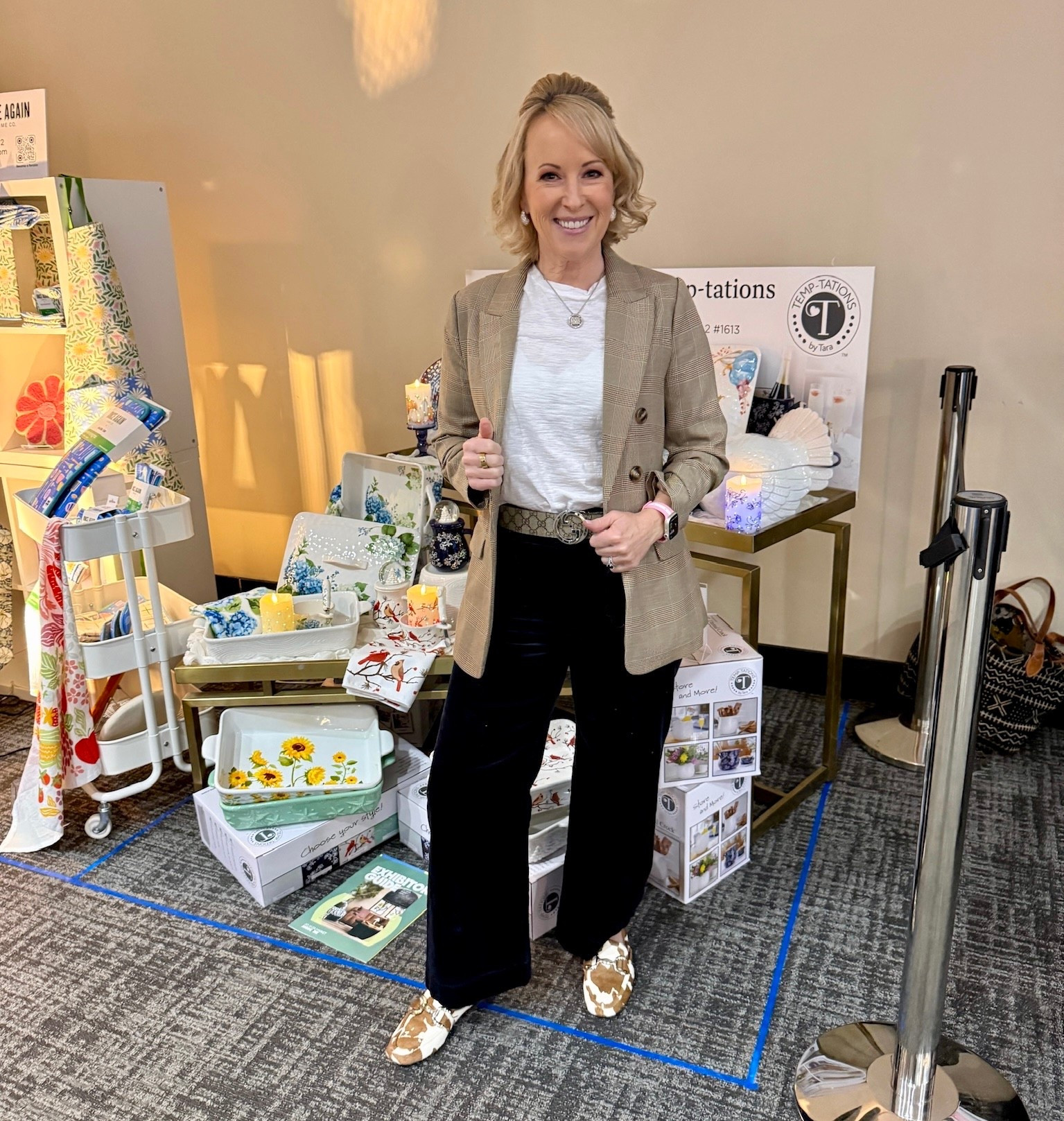 A simple tee, a tailored blazer, and black velvet pants make this outfit one of my favorites while still feeling comfy for long days at the Atlanta Gift Show! This combo is my go-to when I want to look put together without overthinking it. My blazer and pants are both from Anthropologie but are unfortunately sold out so I’ve linked a few similar styles. I paired this with simple silver jewelry, a statement belt, and these fun slip on loafers for a pop of pattern. Shop my look!

#LTKdayinmylife #LTKootd #LTKPetite