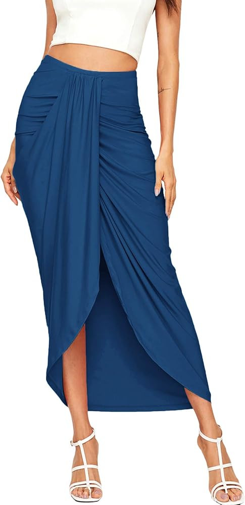 SheIn Women's Casual Slit Wrap Asymmetrical Elastic High Waist Maxi Draped Skirt | Amazon (US)