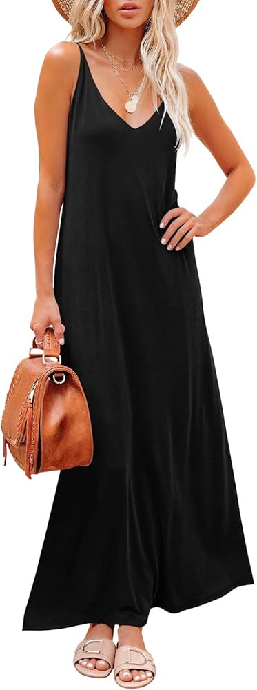 Amazon.com: Prinbara Women's Casual Sleeveless Deep V Neck Knitted Shift Sexy Maxi Long Dress Black  | Amazon (US)