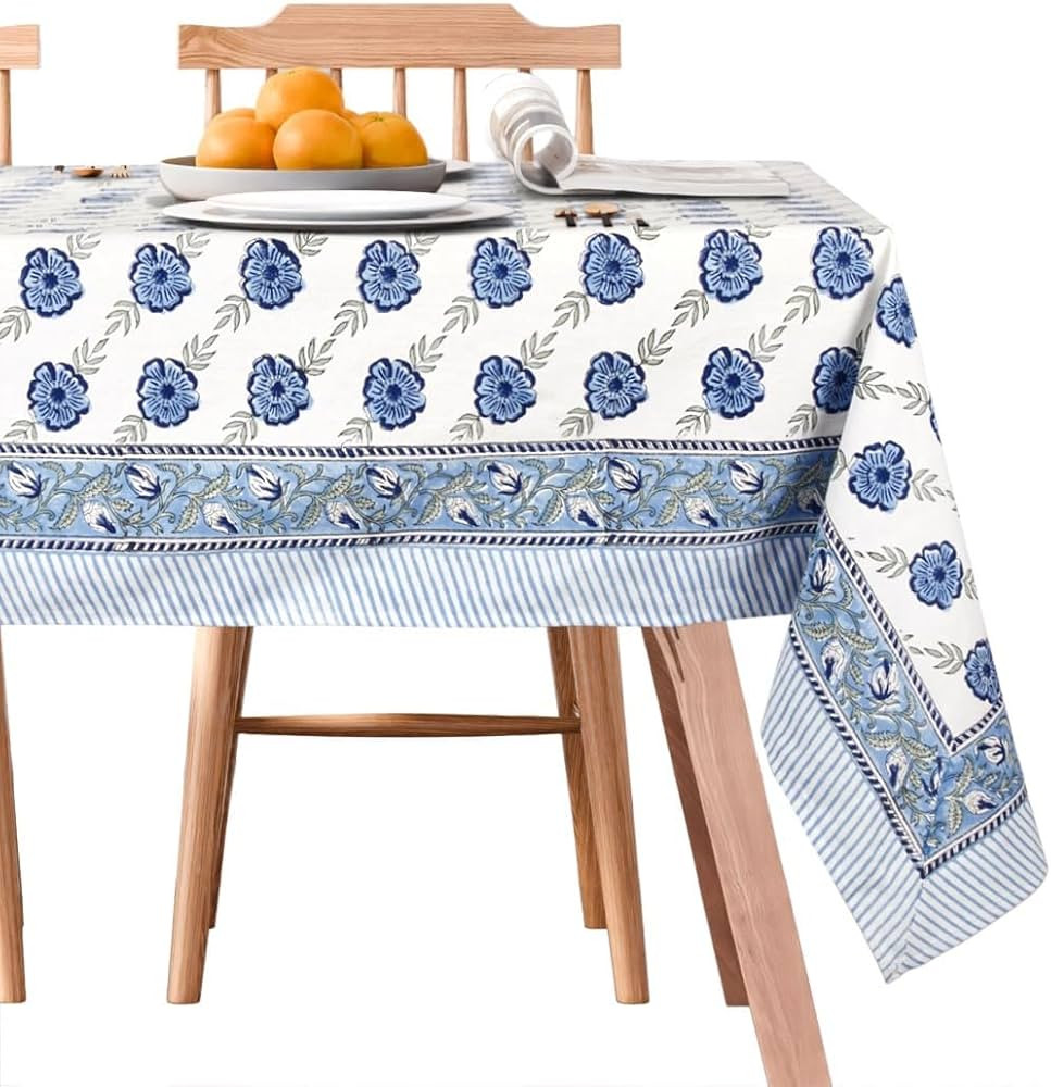 100% Cotton Linen Tablecloth - Spring Block Print Collection - Rectangle 60x108 Inch 8 Seater - B... | Amazon (US)