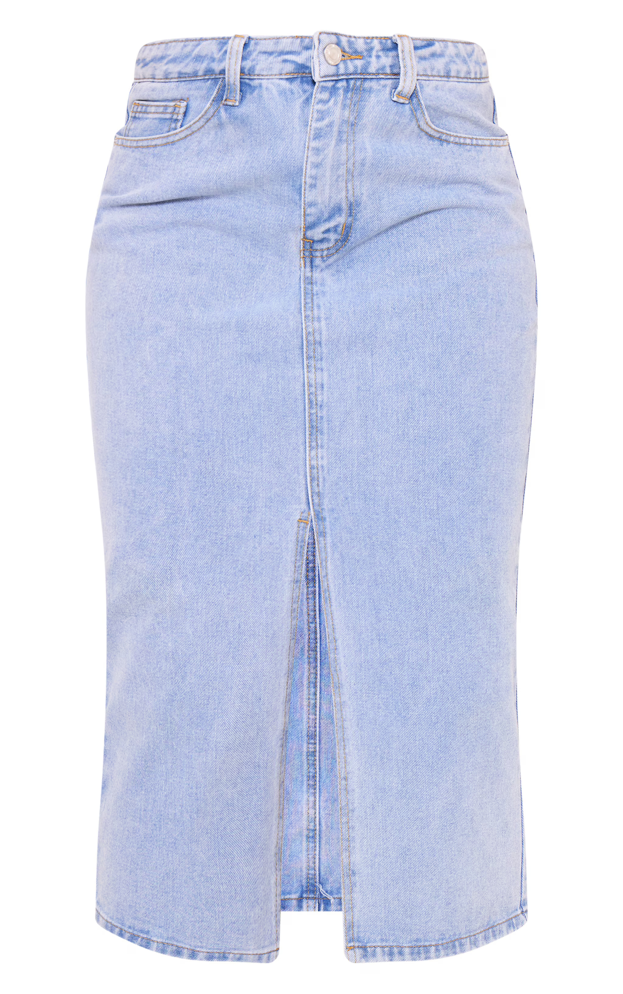 Light Blue Wash Split Mid Rise Denim Midi Skirt | PrettyLittleThing US