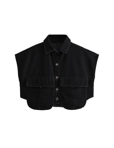 Perbai Womens Cropped Button Down Shirt Summer Collared Sleeveless Loose Denim Top with Pockets(Black-M) | Amazon (US)