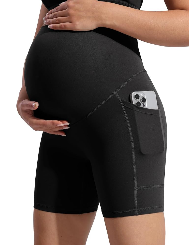 POSHDIVAH Women's Creamluxe Maternity Biker Shorts Over The Belly with Pockets - 6"/8" Summer Pre... | Amazon (US)