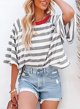Dokotoo Tops for Women Striped 2024 Fashion T Shirts for Women Color Blocking Design Loose Basic ... | Amazon (US)