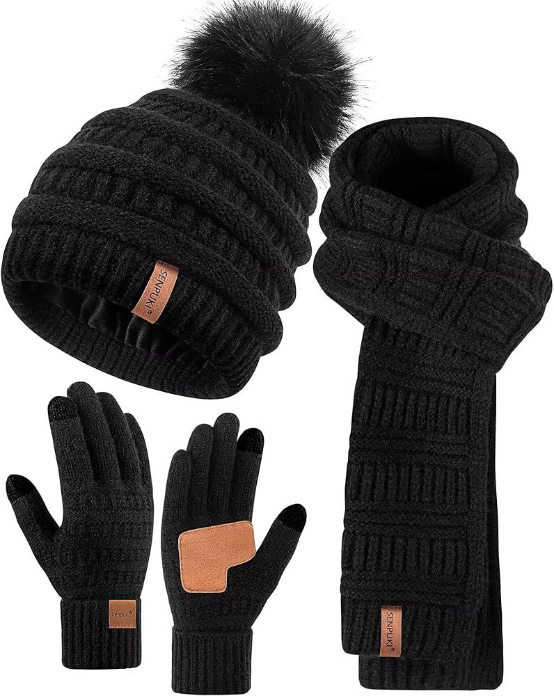 Womens Winter Beanie Scarf Gloves Set, Pom Pom Hat with Warm Fleece Lined Long Knit Scarf Touchsc... | Amazon (US)