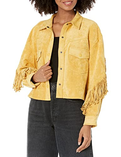 [BLANKNYC] Womens Jacket, & Luxury Clothing Faux Suede Fringe Shirt Jacket Comfortable Stylish Coat, Golden Glow, Small-Medium US | Amazon (US)