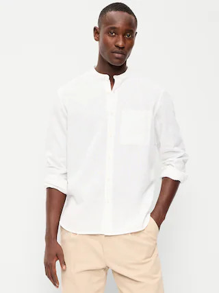 Classic Fit Banded Collar Linen-Blend Shirt | Old Navy (US)