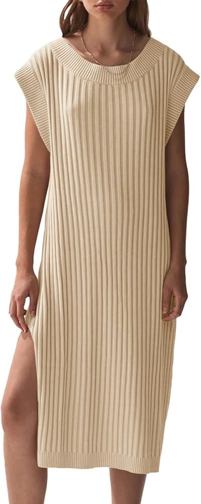 Saodimallsu Womens Summer Casual Midi Knit Dress Short Cap Sleeve Boat Neck Ribbed Side Slit Swea... | Amazon (US)