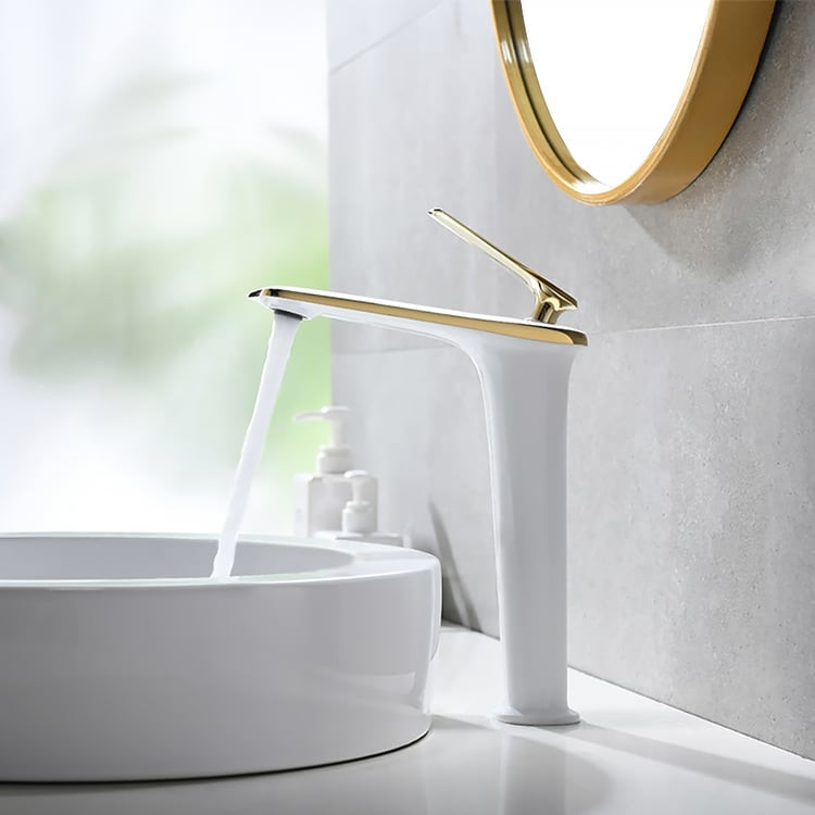 Modern White and Gold Single Hole Single Handle Brass Vessel Bathroom Sink Faucet | Homary
