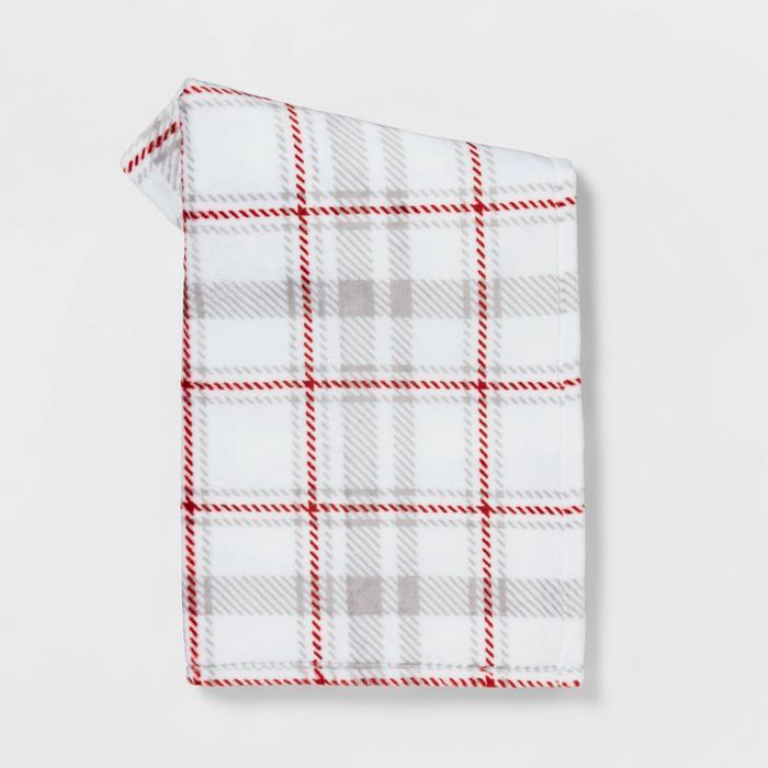 Plaid Printed Plush Christmas Throw Blanket Cream/Gray - Wondershop™ | Target