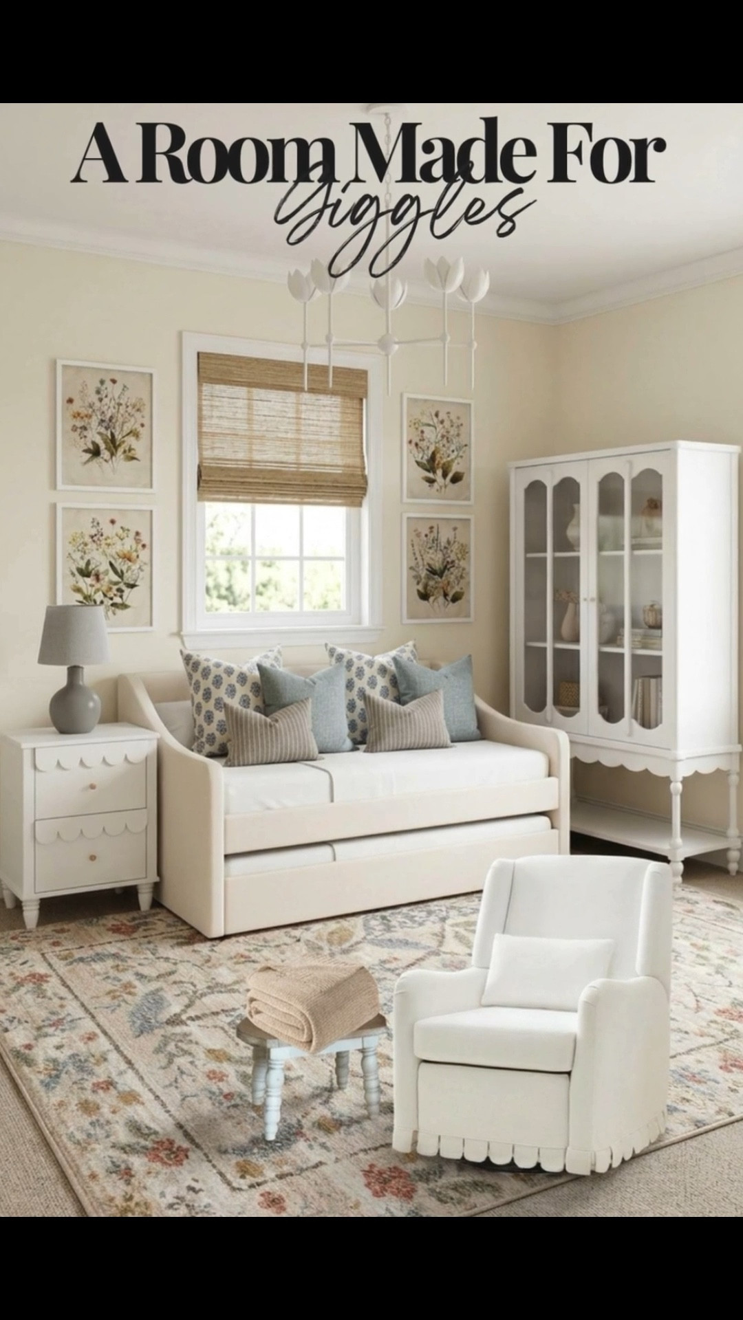 I am so obsessed with this cozy bedroom setup! The scalloped details on the nightstand and cabinet are the perfect designer look-alikes for a sweet, timeless feel. This daybed is such a smart find because it has a trundle for sleepovers and doubles as a comfy sofa during the day!