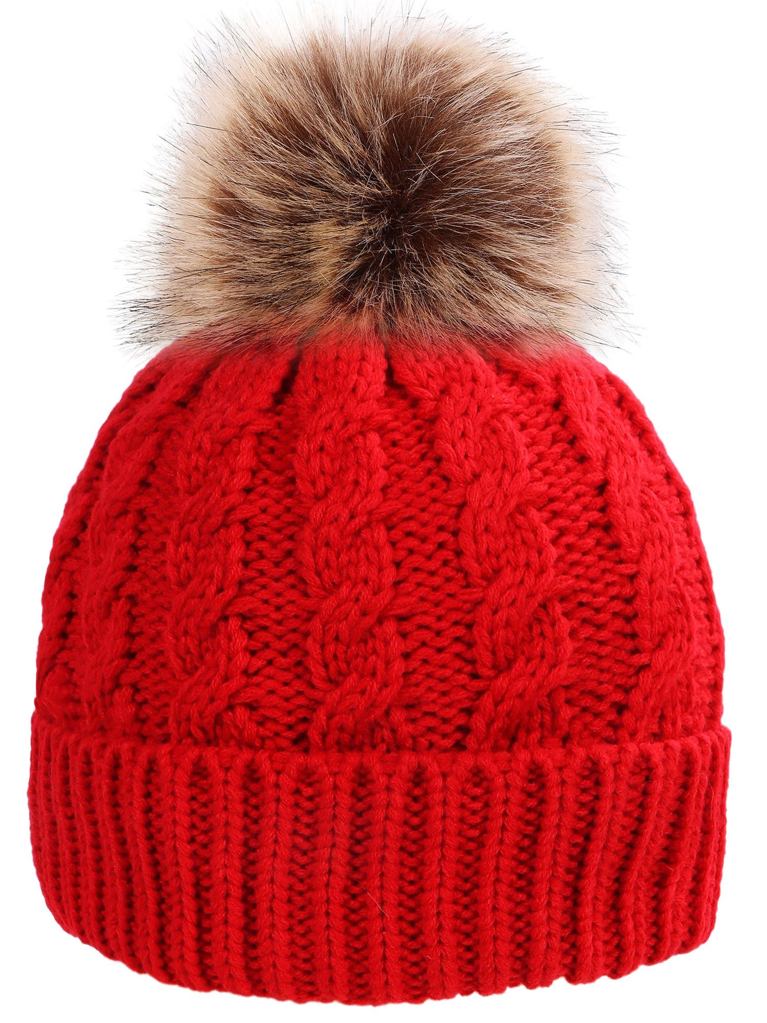 Women's Winter Soft Knit Beanie Hat with Faux Fur Pom Pom,Red | Walmart (US)