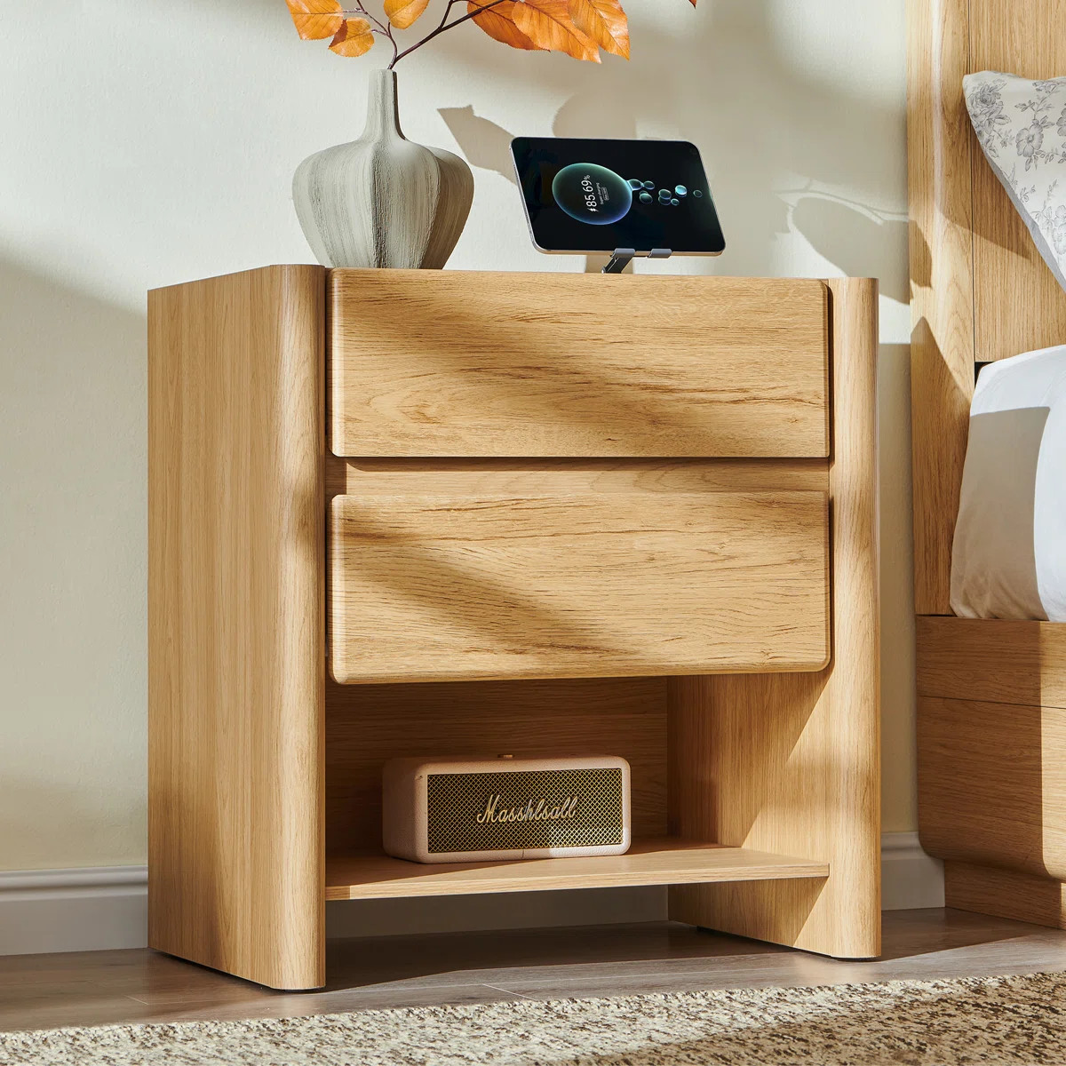 Bolanos 25" Tall Modern Nightstand with Charging Station, Wood Bedside Table w/2 Storage Drawers ... | Wayfair North America