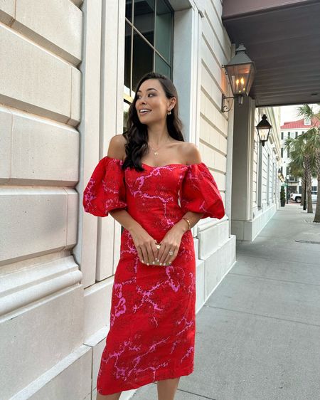 Kat Jamieson wears a red dress to a rehearsal dinner in Charleston. Wedding guest, holiday dress, midi dress, off the shoulder. 

#LTKHolidaySale #LTKHoliday #LTKparties
