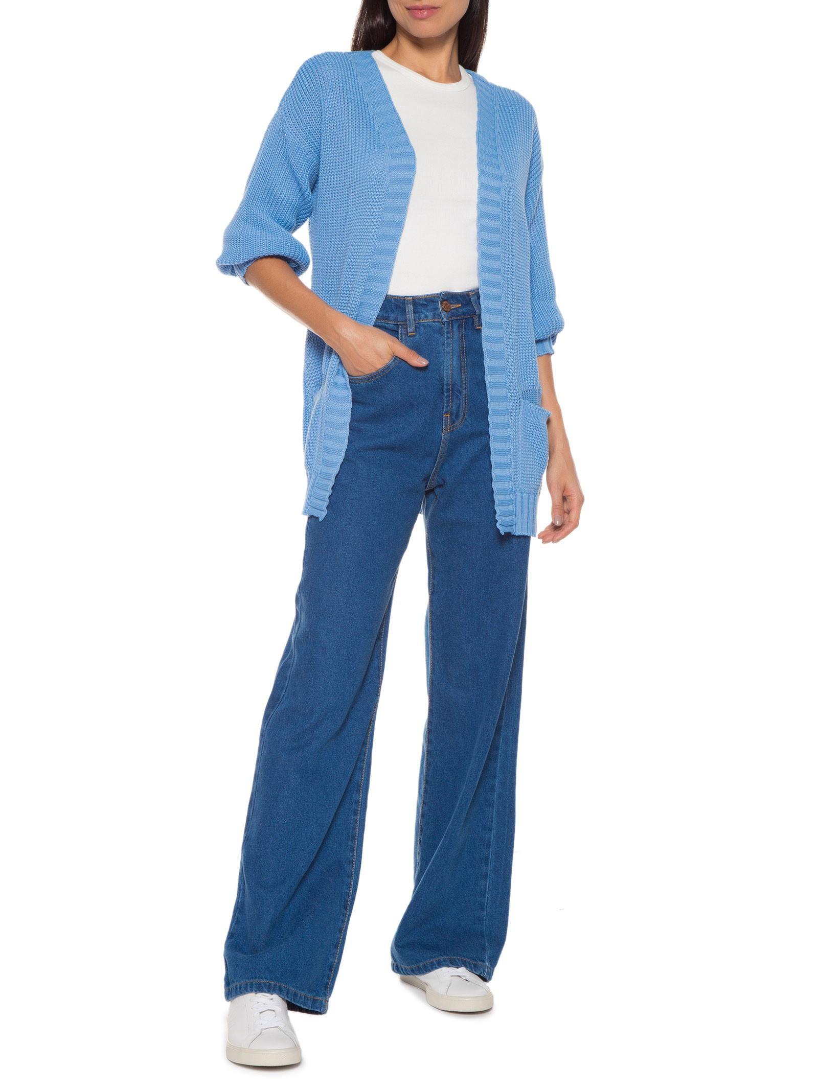 Cardigan Tricot Com Bolso - Azul | OQVestir (BR)