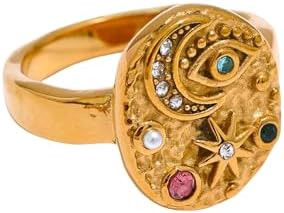 LUVA Moon Star Evil Eye Ring, 18K Gold Plated Stainless Steel Ring, Celestial Gemstone Ring For W... | Amazon (US)
