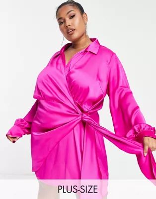 Never Fully Dressed Plus satin wrap mini dress in fuchsia pink | ASOS (Global)