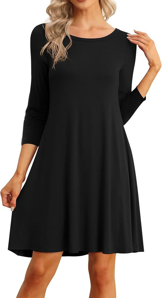 VIISHOW Womens Round Neck 3/4 Sleeves A-line Casual Tshirt Dress with Pocket | Amazon (US)