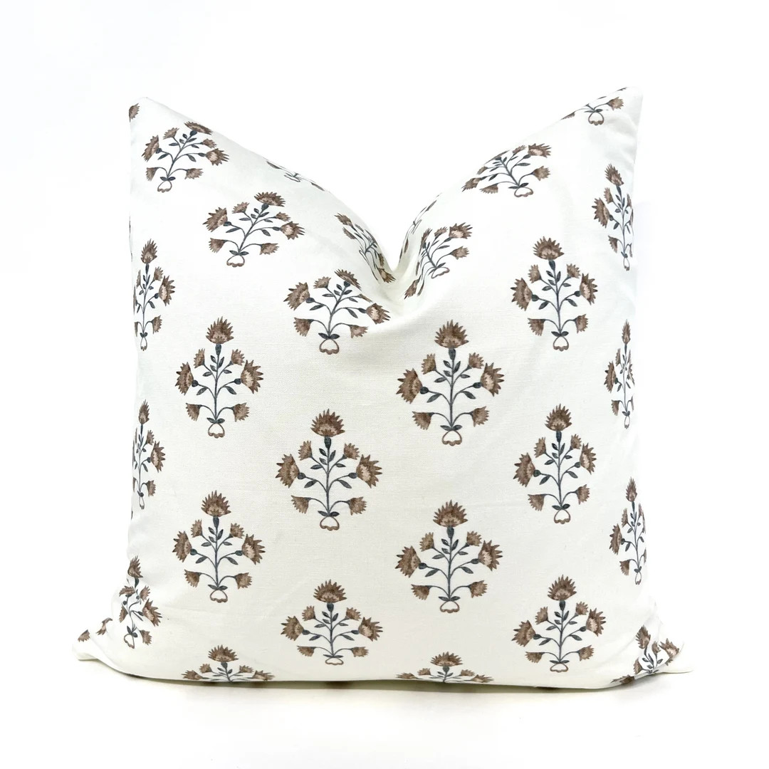 Brown and Blue Floral Block Print Pillow Cover, Cream Pillow, Cream and Blue Floral Pillow - Etsy | Etsy (US)