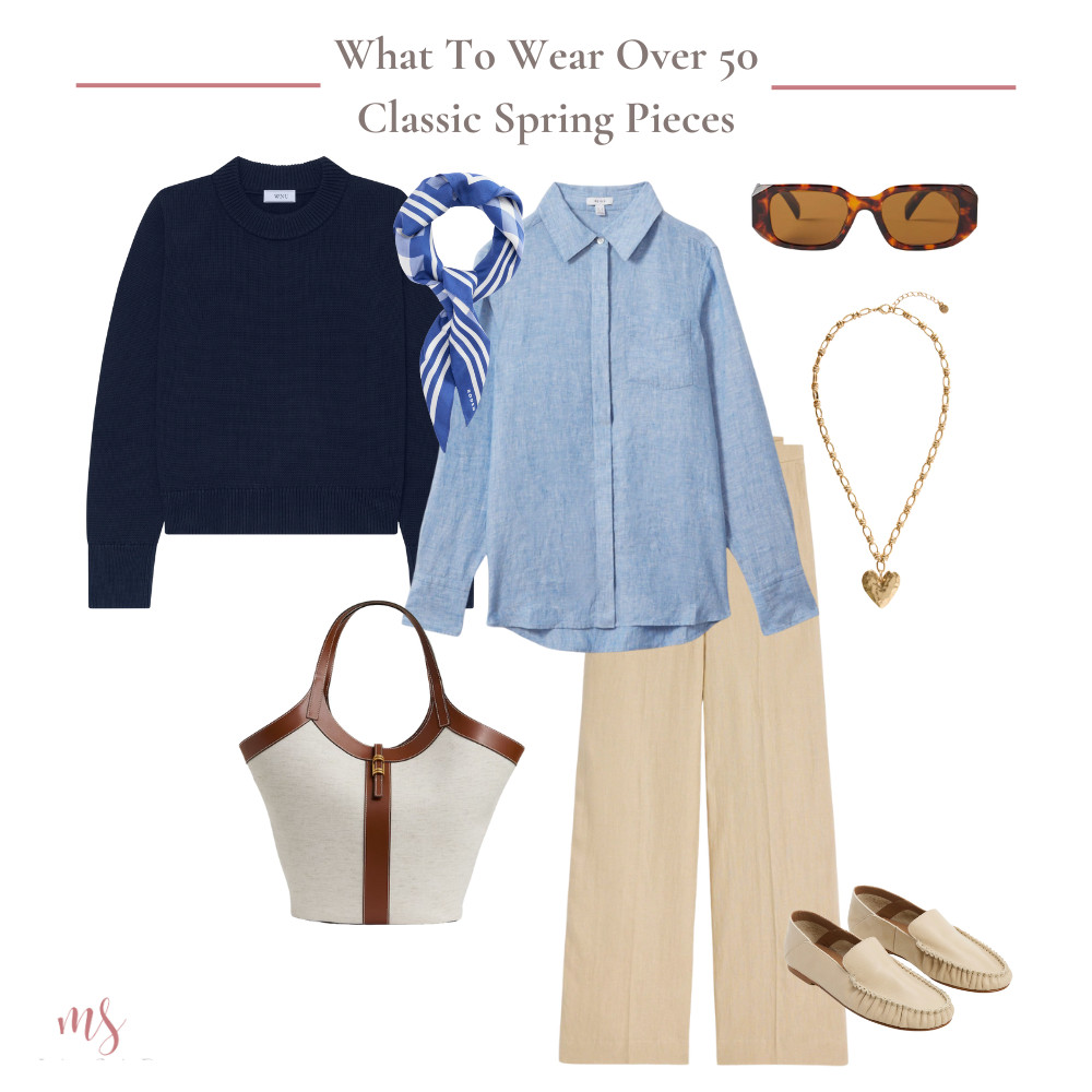 Classic spring wardrobe investments including the perfect linen shirt, cotton knit sweater, linen trousers, moccasin shoes and two tone bag  

 #LTKuk #LTKspring #LTKover50style