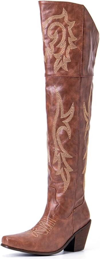 VOMIRA Knee High Boots for Women Pointed Toe Chunky Cork Heel Knight Boots Vintage Embroidery Cow... | Amazon (US)